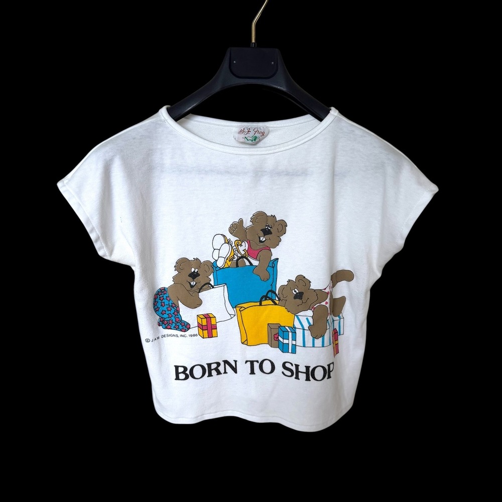 Vintage 1986 Born To Shop Graphic T-Shirt White Medium 3101 Cap Sleeve